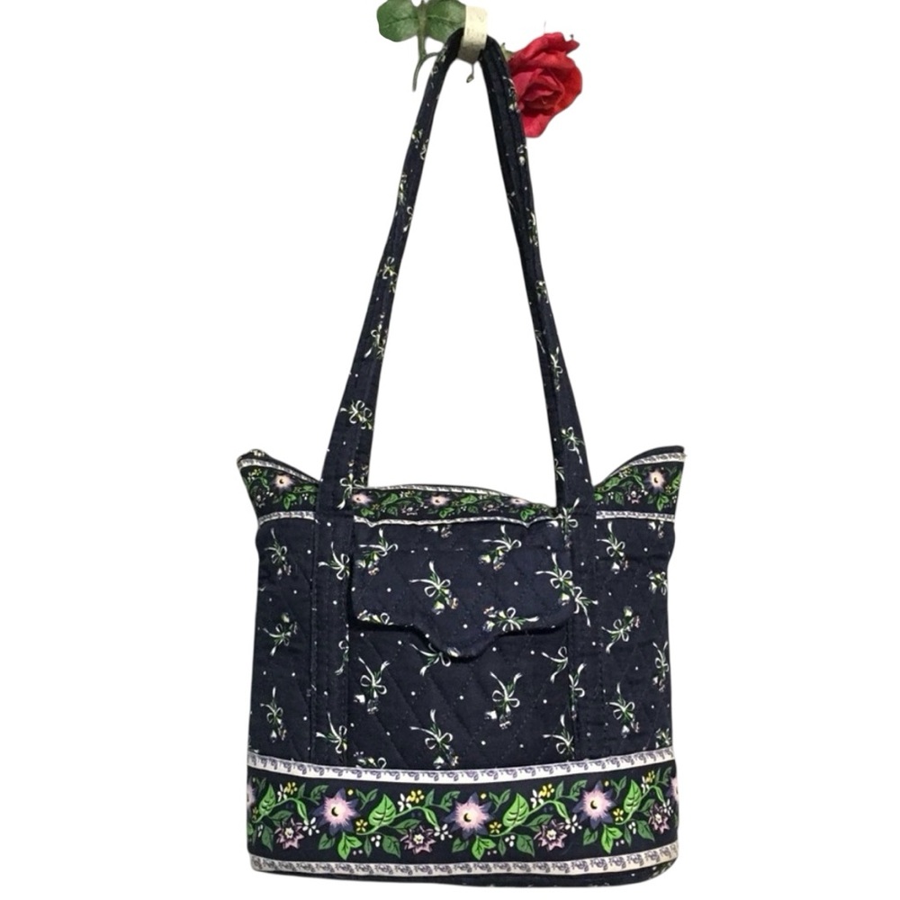 BLUE QUILTED FLORAL ZIPPED SHOULDER BAG TOTE